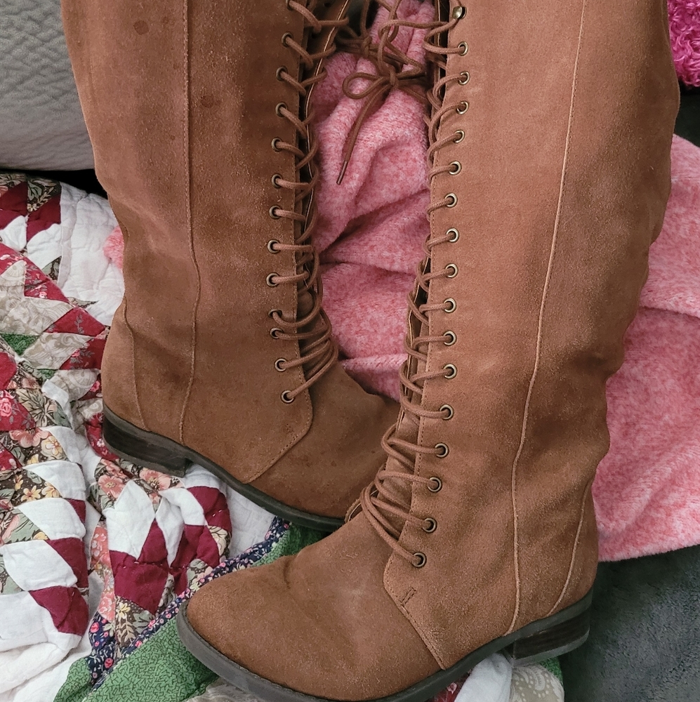 Torrid Suede knee length tie up zip boots